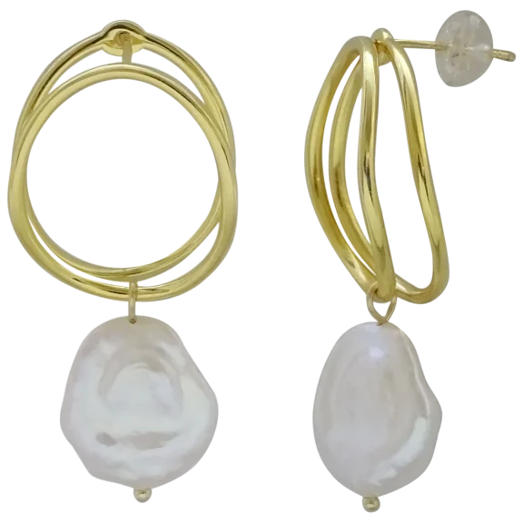 Savvy Cie Double Hoop Coin Pearl Hoop Earrings in 18K Yellow Gold Vermeil