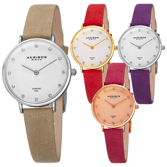 Akribos XXIV Women's Quartz Diamond Markers 'Crazy Horse' Leather Strap Watch