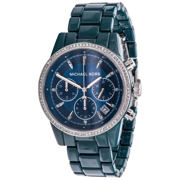 Michael Kors Ritz Chronograph Pavé Teal Stainless Steel Bracelet Watch