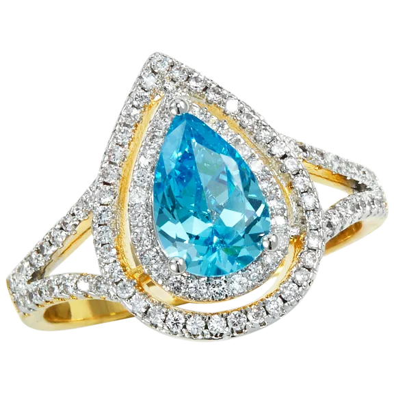 Savvy Cie 14K Bold Double Halo Swiss Blue Topaz Statement Ring