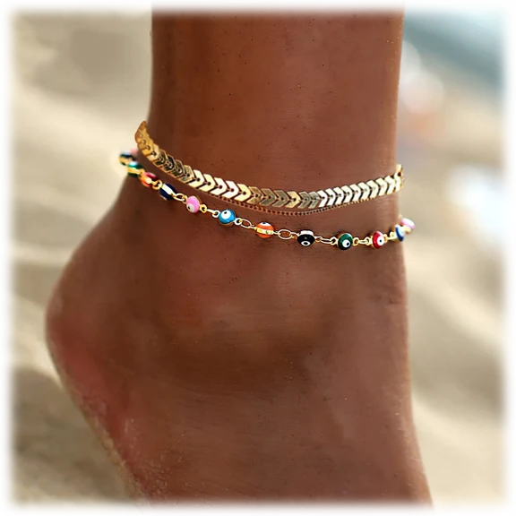 Golden NYC Jewelry 18K Gold Plated Link & Rainbow Evil Protection Anklet