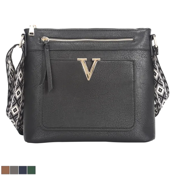 La Terre Vegan Leather Crossbody with V Logo Hardware and Boho Strap