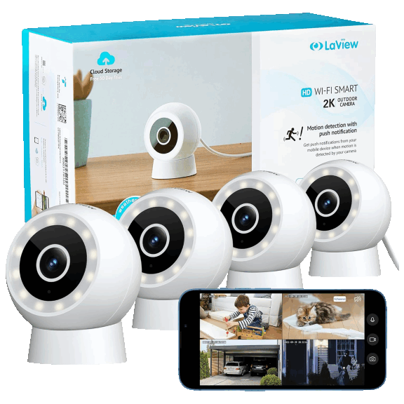 4-Pack: LaView 2K HD Indoor/Outdoor WiFi Smart Security Cameras