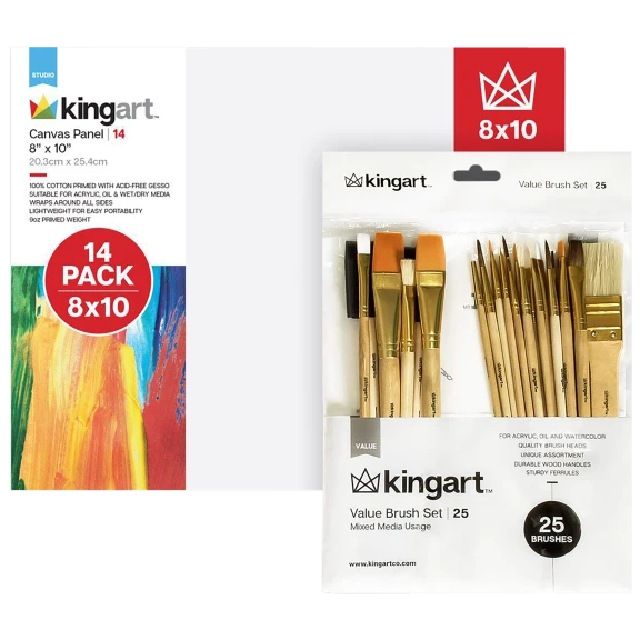 King Art 14-Piece 8"x10" Canvas Value Pack with 25-Piece Mixed Media Brush Set