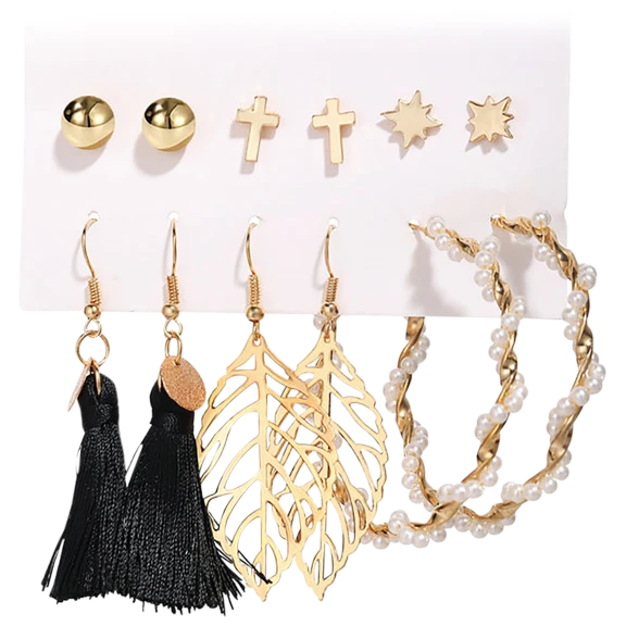 Golden NYC Jewelry 6 Piece Black Tassel Earrings Set