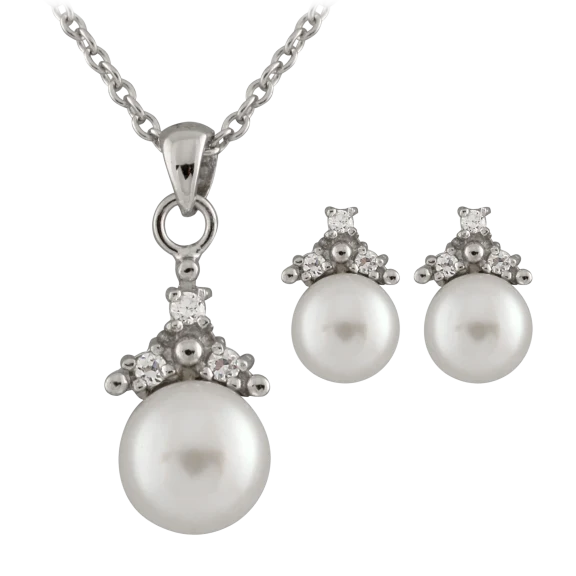 Splendid Pearls Sterling Silver Pearl Crown Pendant Necklace & Earring Set