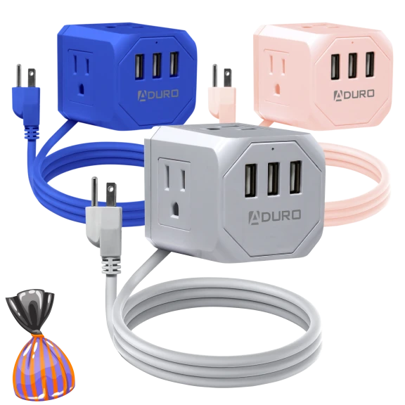 PowerUp Squared Power Strip with 3 Outlet & 3 USB Ports