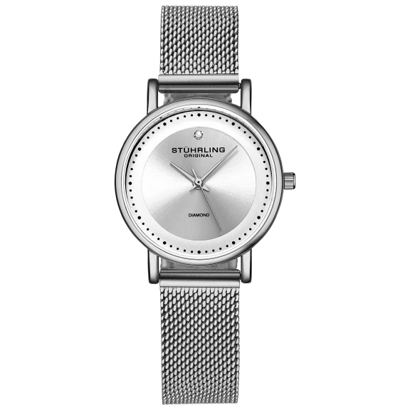 Stührling Women's Quartz Silver Case with Silver Crystal Studded Bezel
