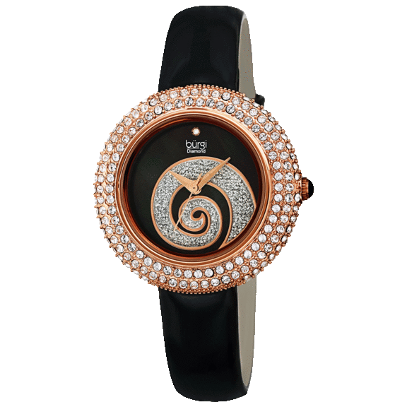Burgi Ladies Diamond Swarovski Crystals Glitter Swirl Leather Strap Watch