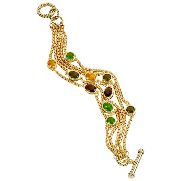 Savvy Cie 18K Gold Plated Multi-Chain Toggle With Bezel Set Gemstones Bracelet