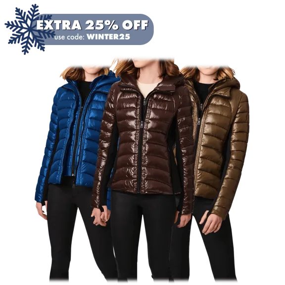 Bernardo Nylon & Neoprene Packable Puffer Jacket with Removable Hood and Bib