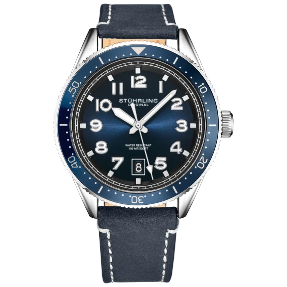 Stuhrling Men's Quartz Watch with Leather Strap and White Contrast Stitching