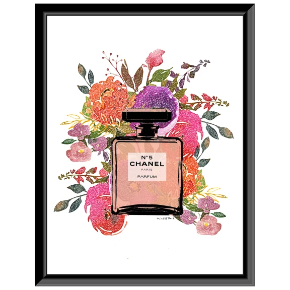 Fairchild Paris Chanel No5 Floral Perfume Bottle - 14" x 18" Framed Print