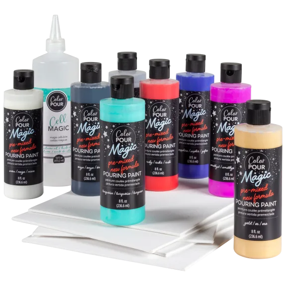 Deluxe 14-Piece Acrylic Color Pour Paint Bundle with Cell Magic & Canvas Panels