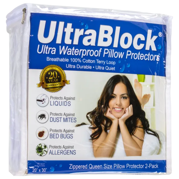 2-Pack: UltraBlock Waterproof Queen Pillow Protectors