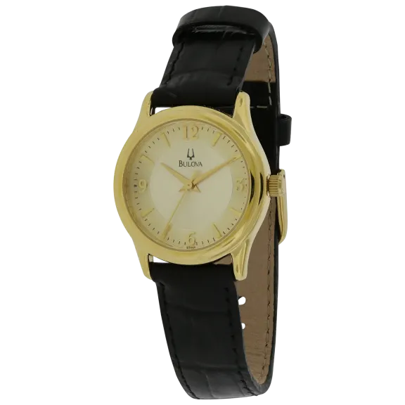 Bulova Quartz Gold-Tone Ladies Watch in Black Leather