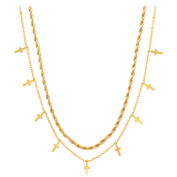 Ladies 18k Gold Dainty Cross & Rope Chain Layered Necklace Set