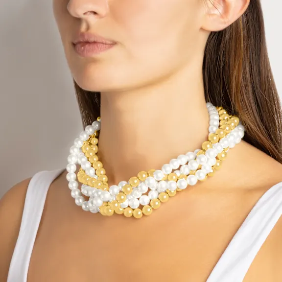 Martha Stewart Five Strand Pearl and Gold Ball Twisted Gold Necklace