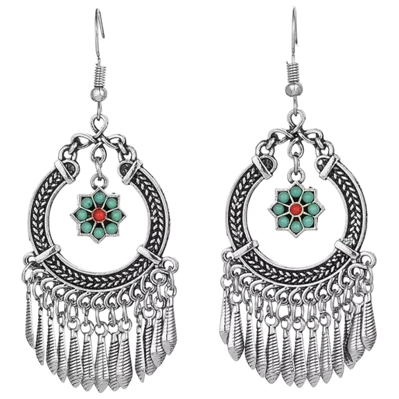 Hollywood Sensation Boho Vintage Indian Silver Flower Tassel Earrings