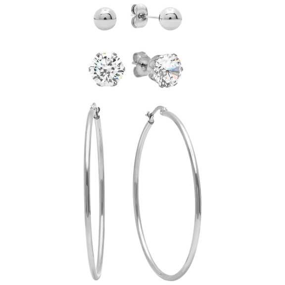 Steeltime Square Shaped Simulated Diamond Studs & Hoop Earrings Set