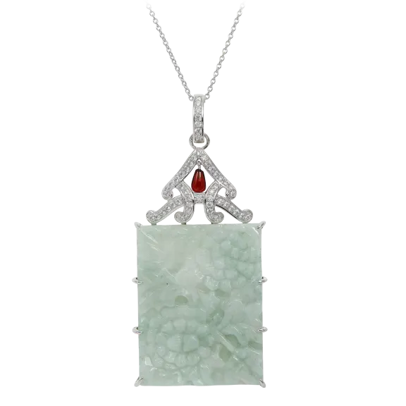 Savvy Cie Sterling Silver Carved Jade & Garnet Statement Pendant