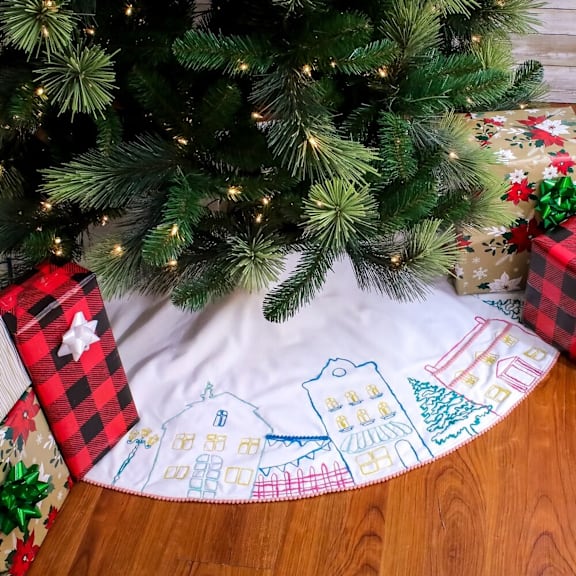 National Tree Company Village Scene Embroidery Velvet Tree Skirt