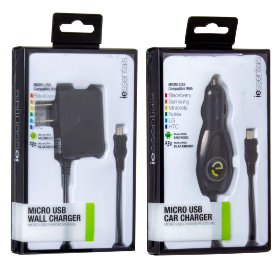 Pick-Your-2-Pack: iEssentials Micro USB Wall or Car Chargers with 4-ft Cables