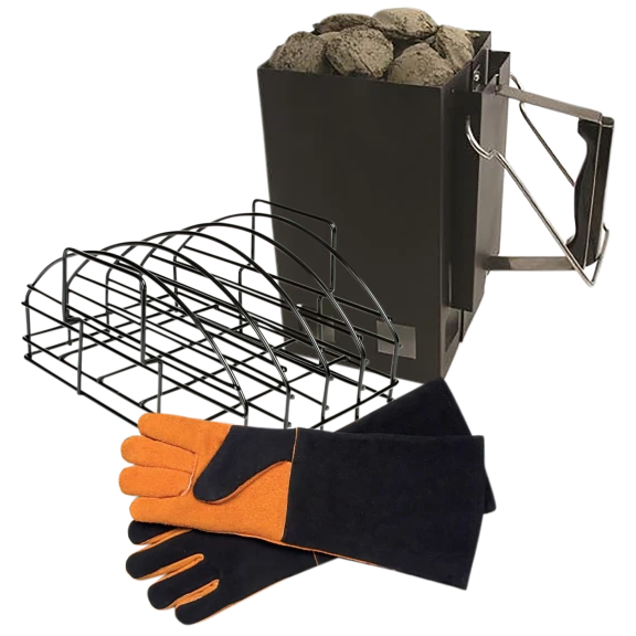 Steven Raichlen Rib Rack, XL Chimney Starter and Leather Grilling Gloves Bundle