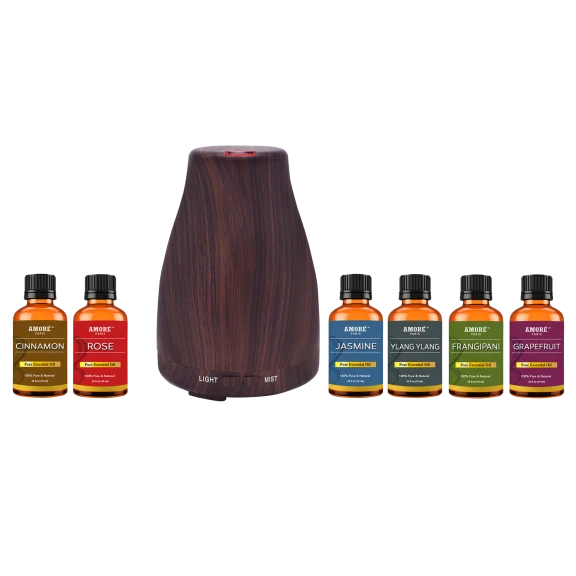 Amore Paris Natural Wood Grain Cool Mist Aromatherapy Diffuser w/ Essential Oils