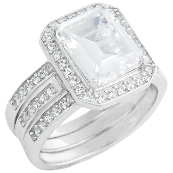 Savvy Cie Jewels Sterling Silver Emerald Cut Triple Band Halo Ring