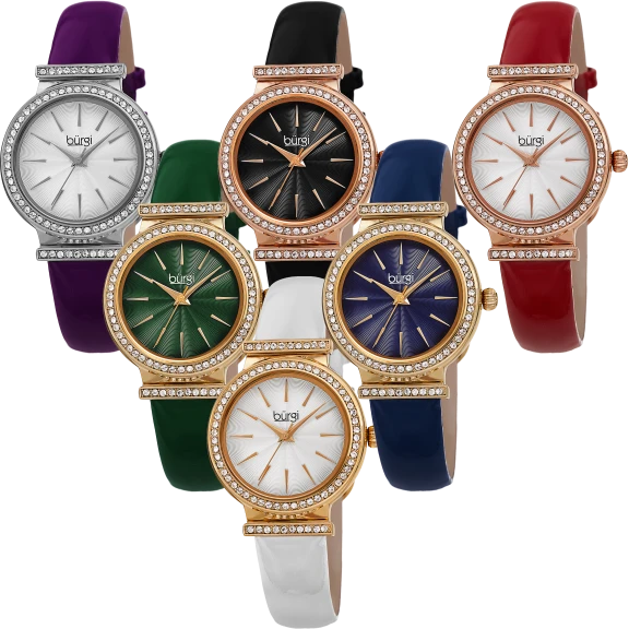 Burgi Leather Strap Watch with Swarovski Crystal Bezel