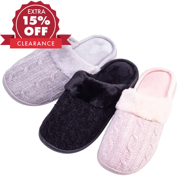 Goldtoe Women's Chenille Cable Knit Slippers with Faux Fur Collar