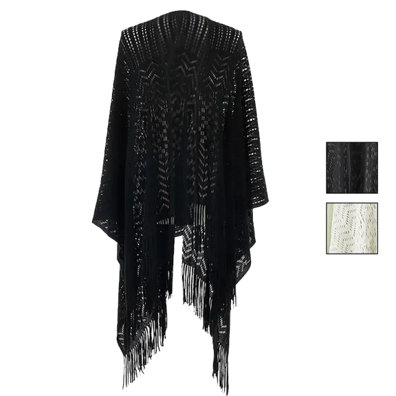 Britt's Knits Women's Open Weave Fringe Poncho Cape Wrap