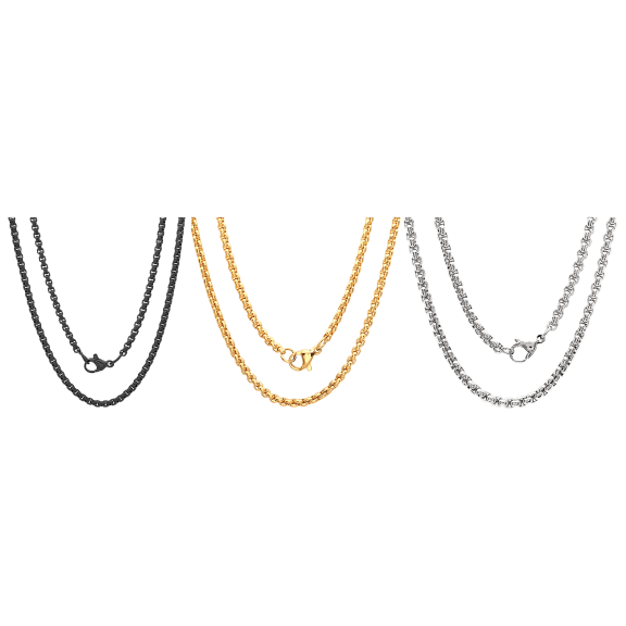 3-Pack: Steeltime Assorted Round Box Chain Necklaces