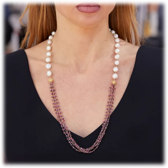 Savvy Cie Genuine Multi Strand Natural Ruby & Cultured Pearl Statement Necklace