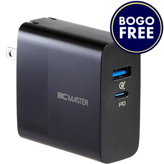 BOGO FREE: BCMaster 2-Port Wall Charger 65W USB-C PD 3.0 and 18W USB-A QC 3.0