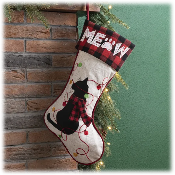 Glitzhome 21''L LED Embroidered Cat Linen Christmas Stocking