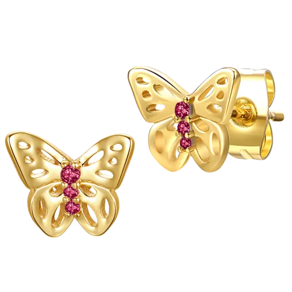 Genevive 14K Yellow Gold Plated Ruby 3-Stone Filigree Butterfly Stud Earrings