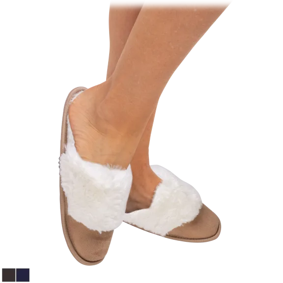 Laura Ashley Ladies Micro Suede with Plush Collar and Memory Foam Slippers