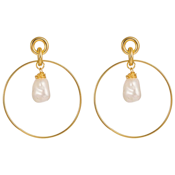 Hollywood Sensation Gold Plated Drop Hoop Earrings with Simulated Pearl Drop