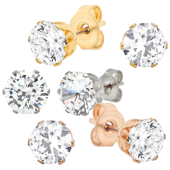 3 Pairs Simulated Diamond 18K Gold Plated Stainless Steel Earrings