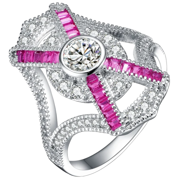 RelavenO Sterling Silver Cocktail Ring with Baguette Ruby Red Cubic Zircon