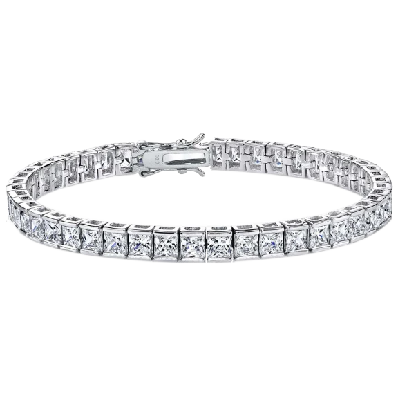 Genevive Rhodium Plated Cubic Zirconia Princess-Cut Tennis Bracelet