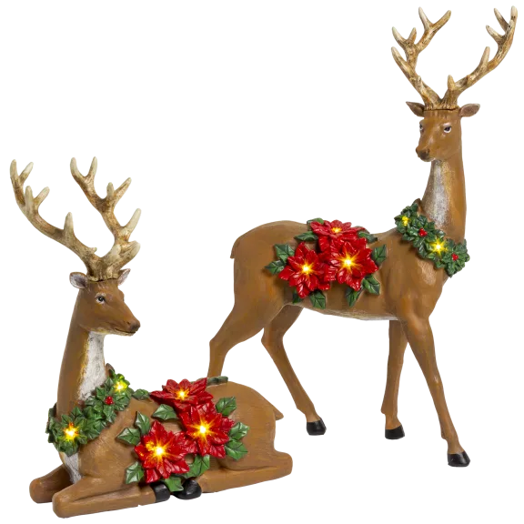 Winter Lane 2-Piece Illuminated Reindeer with Poinsettias