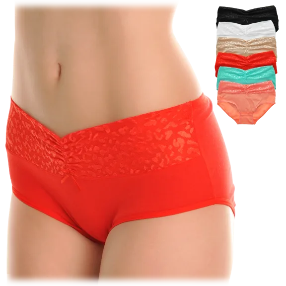 6-Pack: Angelina Cotton Mid-Rise Briefs with Leopard Lace Waist