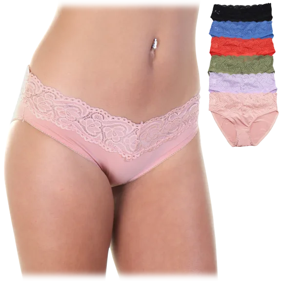 6-Pack: Angelina Satin Bikini Panties with Lace Waist Design
