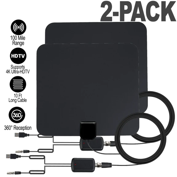 2-Pack Digital 100-Mile HD 360-Degree Super-Thin Amplified Antennas
