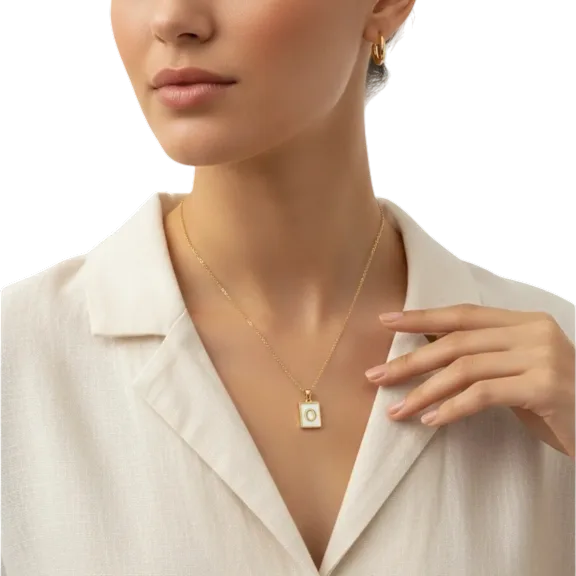 Saffron Initial Letter Frame Pendant Necklace with Mother of Pearl Inlay