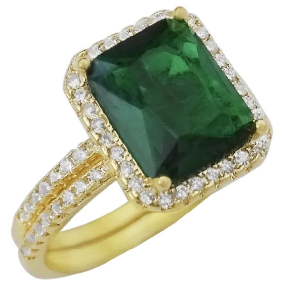 14k Yellow Gold Plated 3.15-Carat Emerald Cut Emerald CZ Halo 2 pc ring set