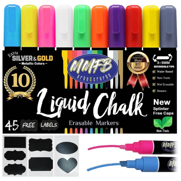 10-Piece Liquid Chalk Erasable Paint Pens with 45 Labels